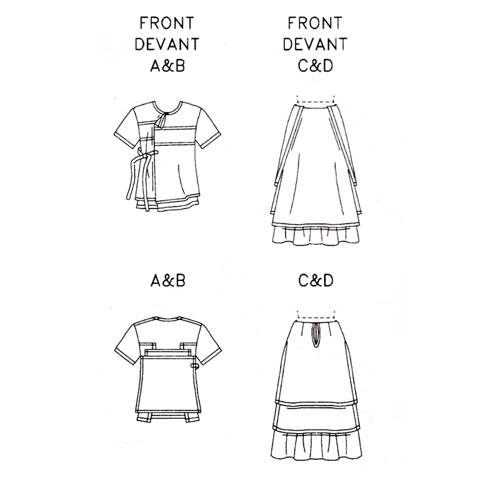 Technical drawing of a skirt and top with front and back views on a white background.