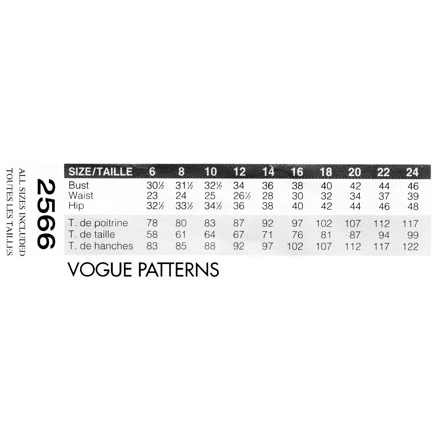 Vogue patterns size chart on a white background