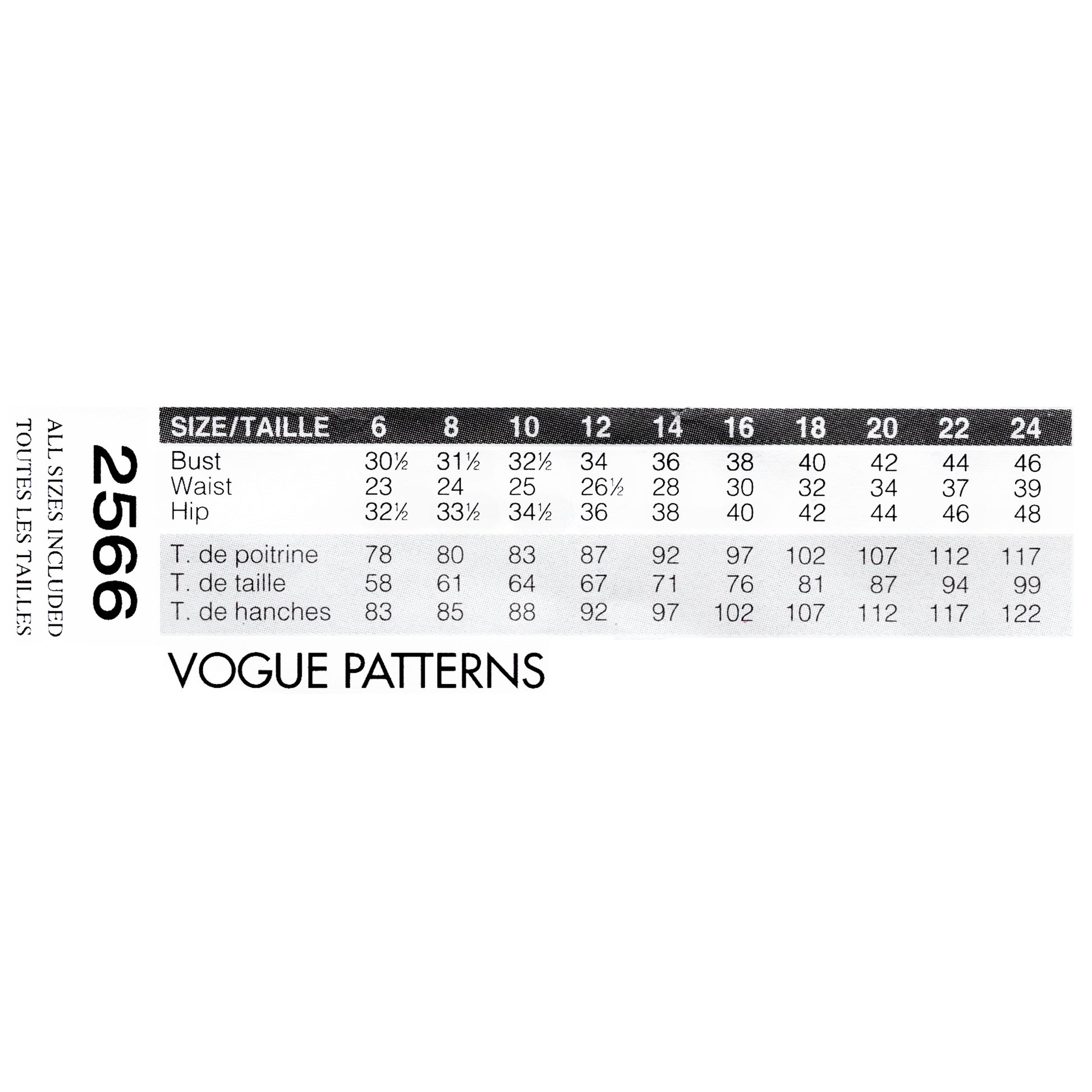 Vogue patterns size chart on a white background