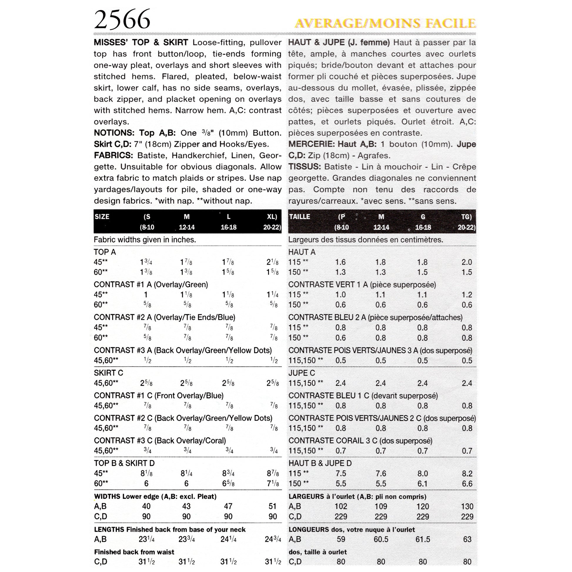 Textual pattern chart for clothing design with measurements and fabric details on a white background