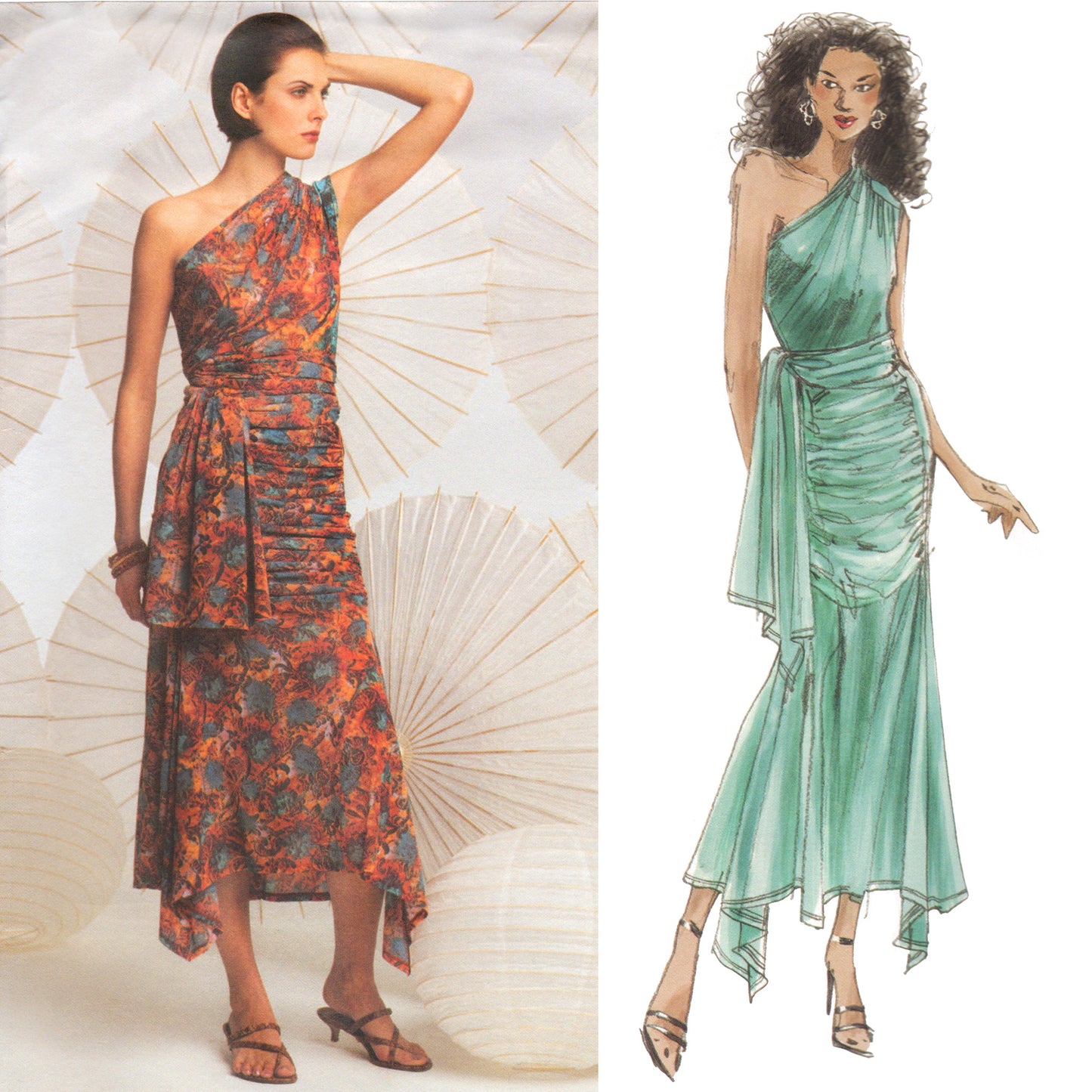 Two women wearing one-shoulder dresses with a decorative fan in the background.