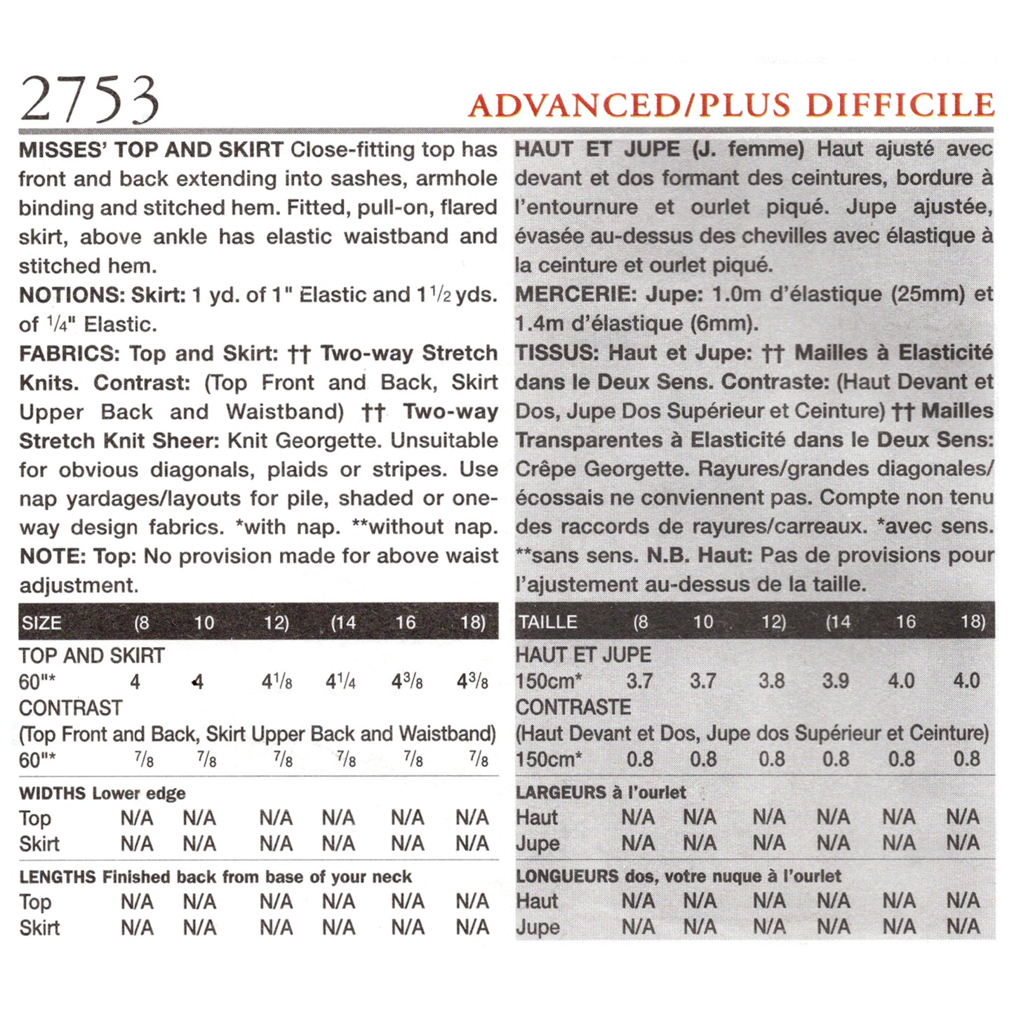 Textual pattern chart for a top and skirt with measurements and fabric requirements.