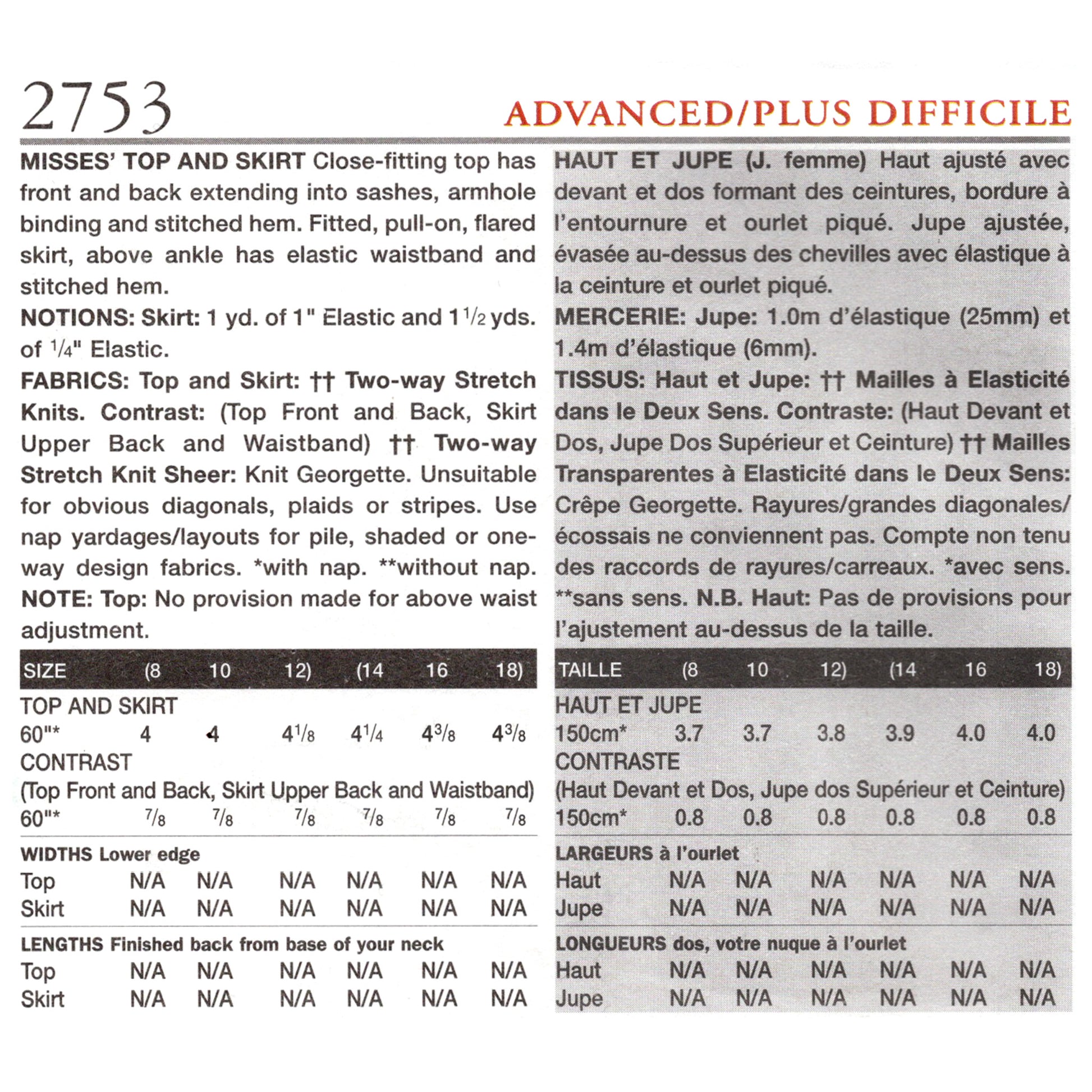 Textual pattern chart for a top and skirt with measurements and fabric requirements.