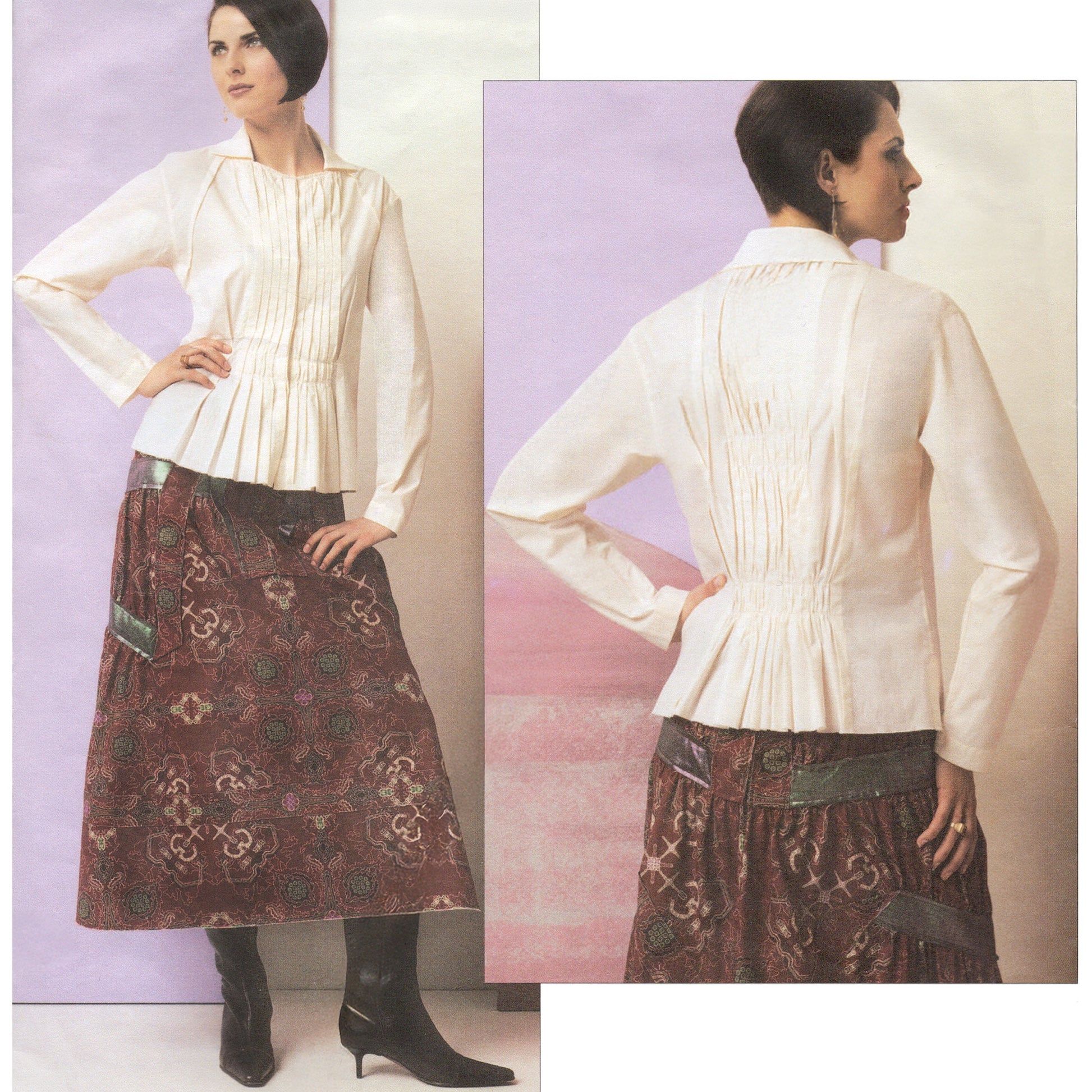 Woman wearing a pleated white blouse and patterned skirt with a purple background