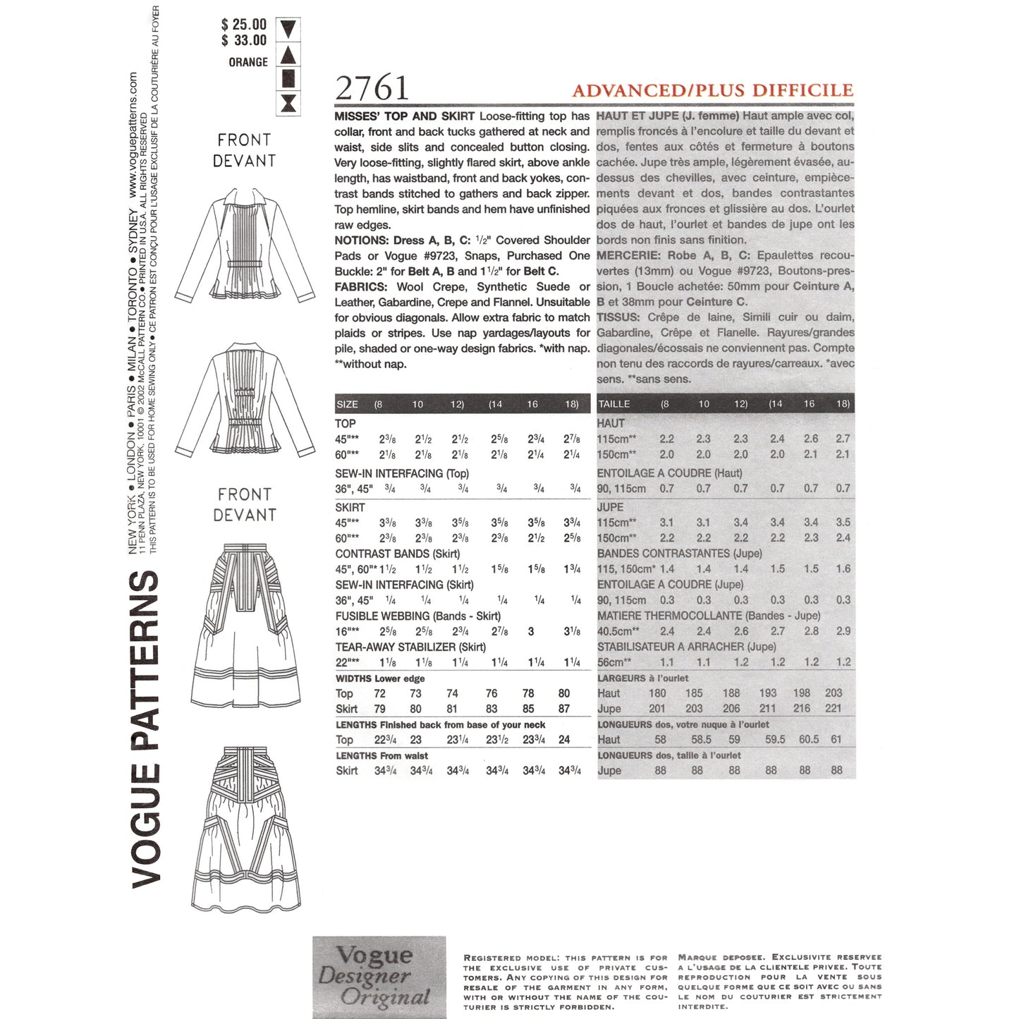 Vogue patterns sewing chart with garment illustrations and measurements