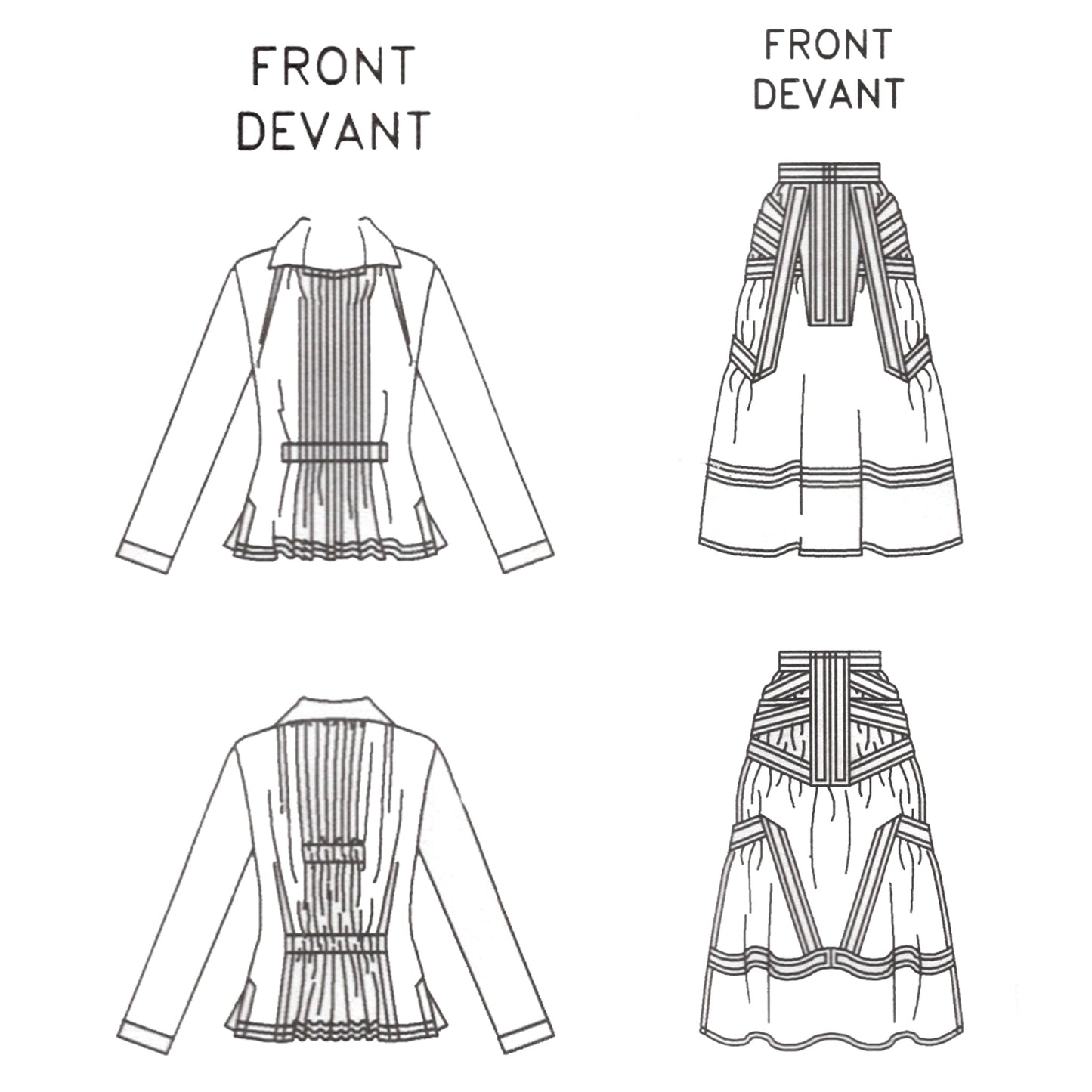 Technical line drawings of a garment with front and back views on a white background