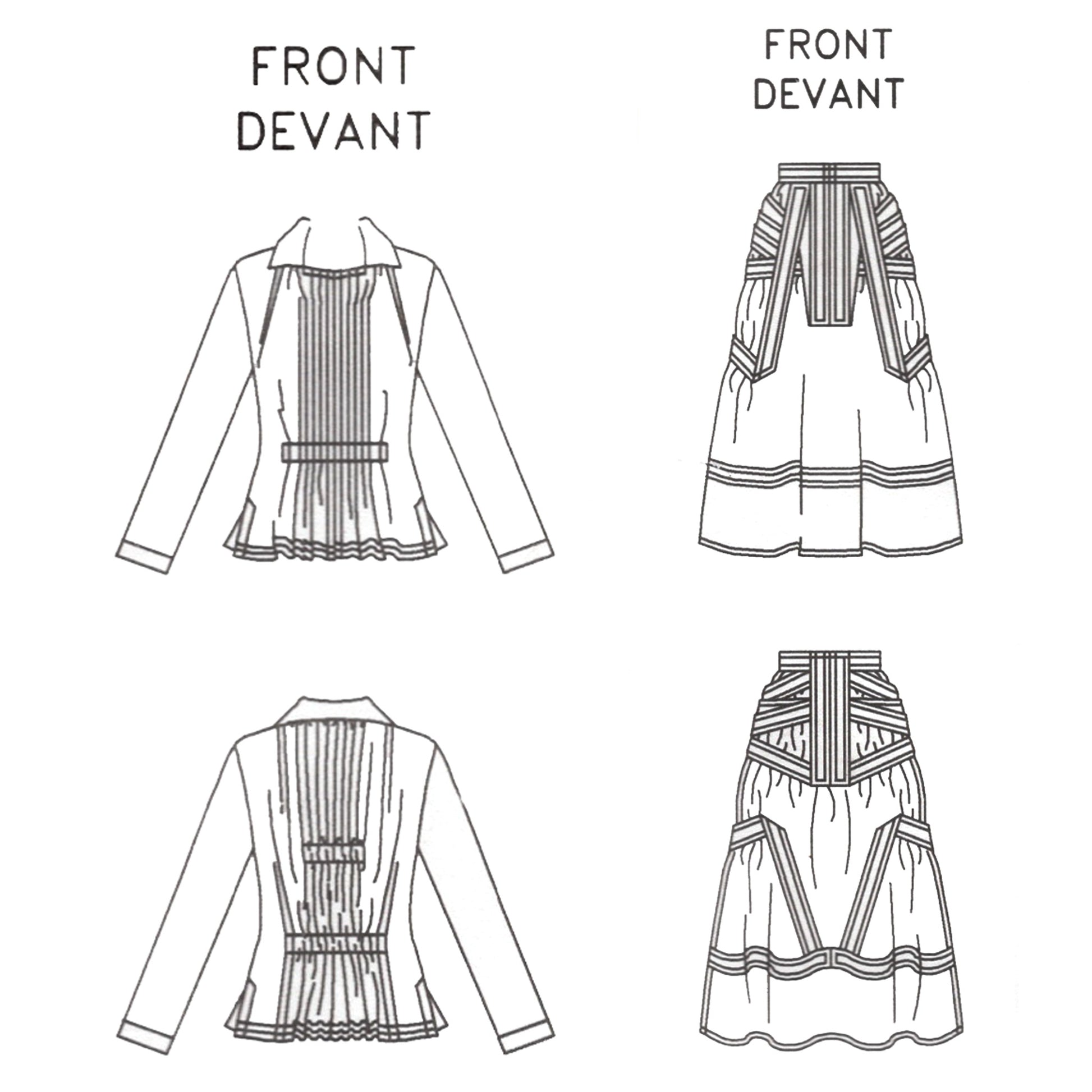Technical line drawings of a garment with front and back views on a white background