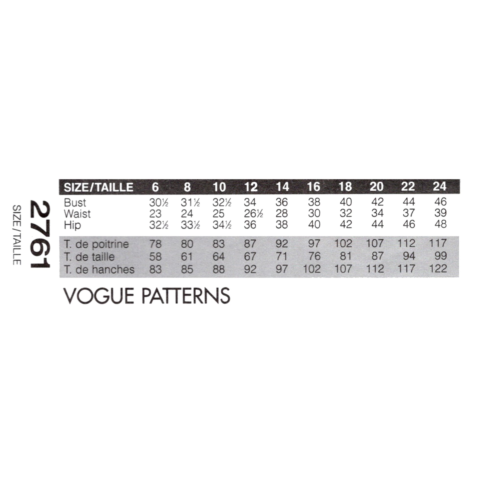 Size chart for Vogue Patterns with measurements in inches and centimeters.