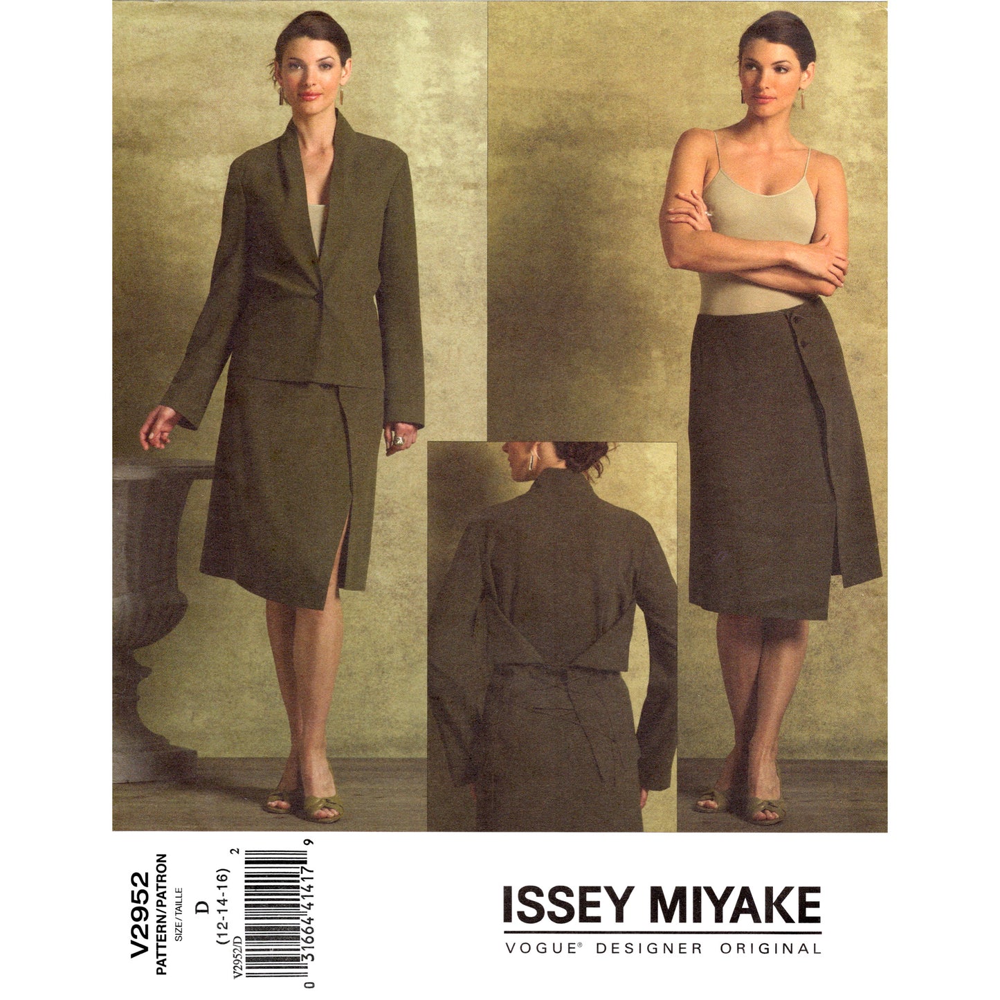 Vogue sewing pattern 2952 Issey Miyake jacket and skirt envelope front showing dark-haired model wearing both pieces of the suit