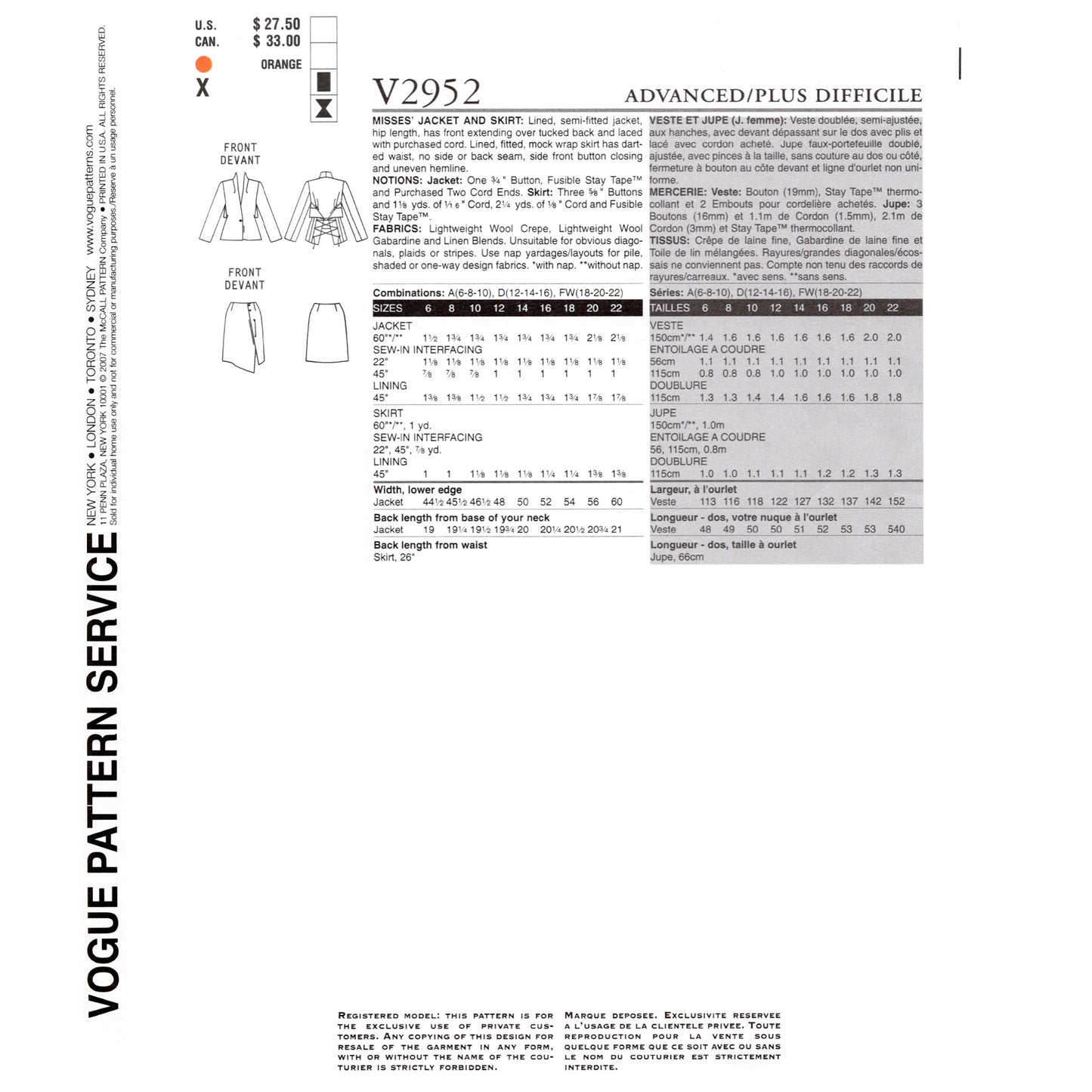 Back cover of envelope for Vogue pattern 2952