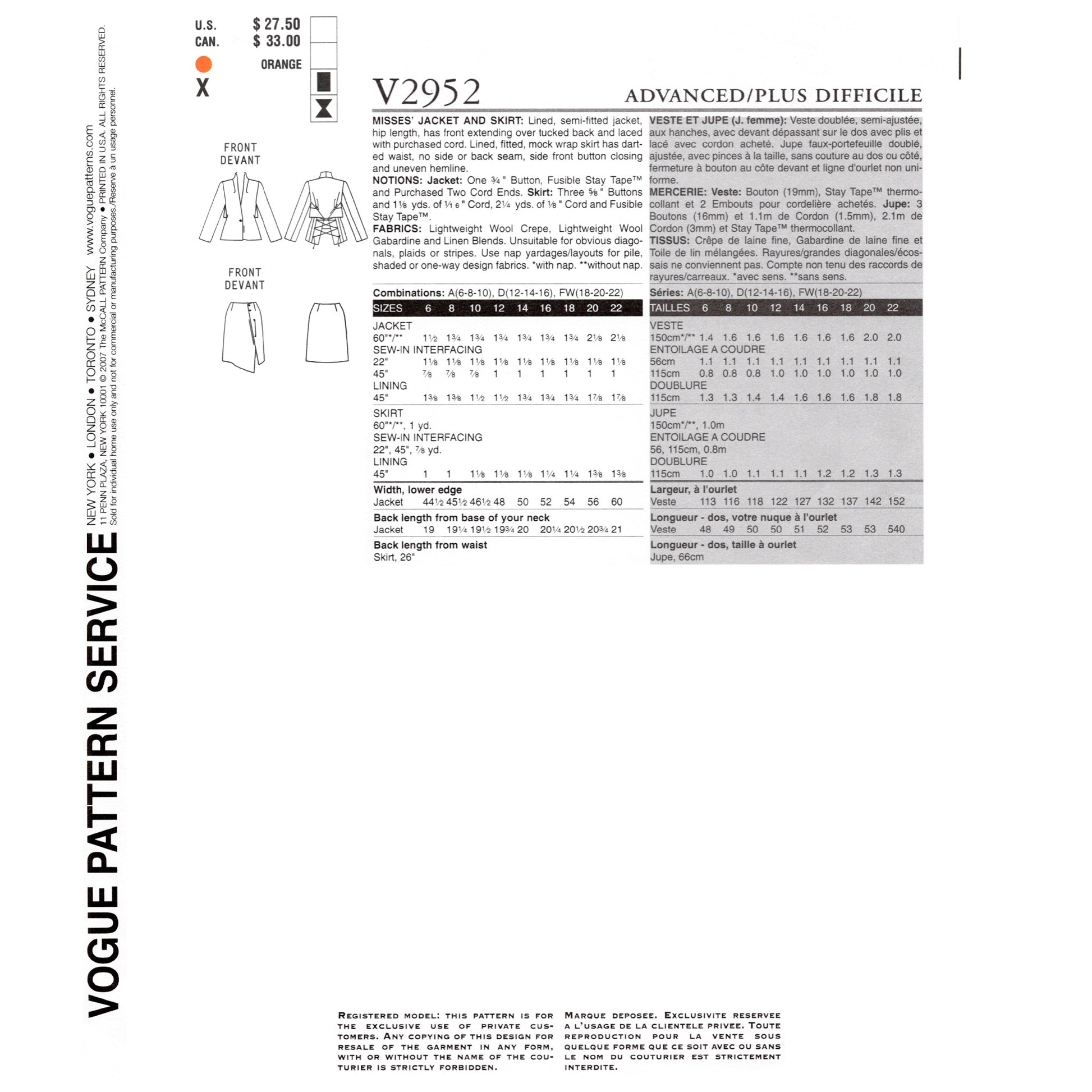 Back cover of envelope for Vogue pattern 2952