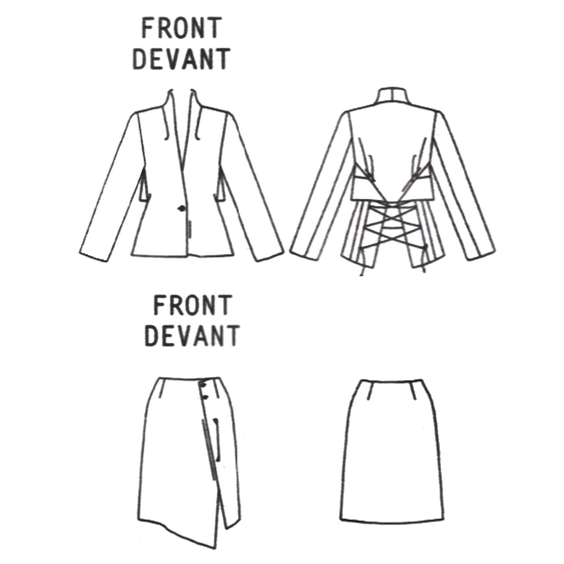 Technical line drawing of a skirt and jacket with front and back views on a white background