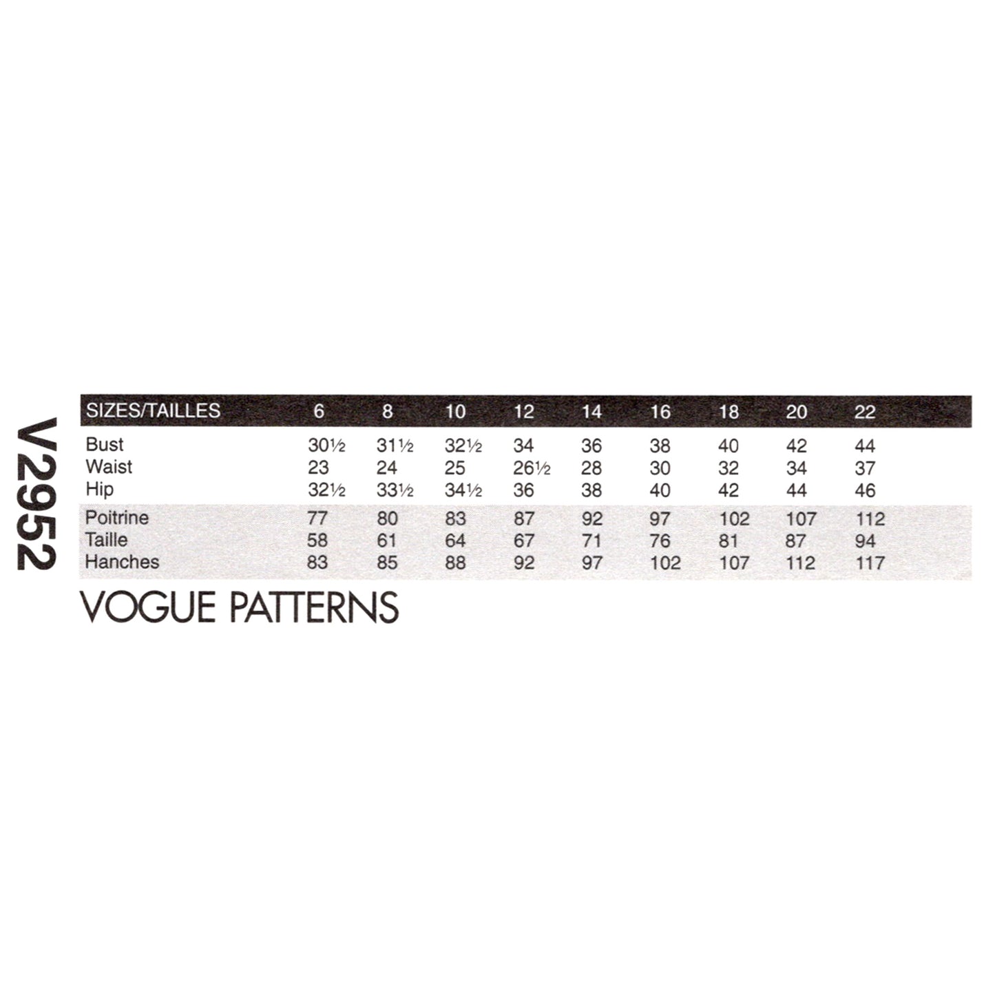 Vogue Patterns size chart for garment measurements on a white background