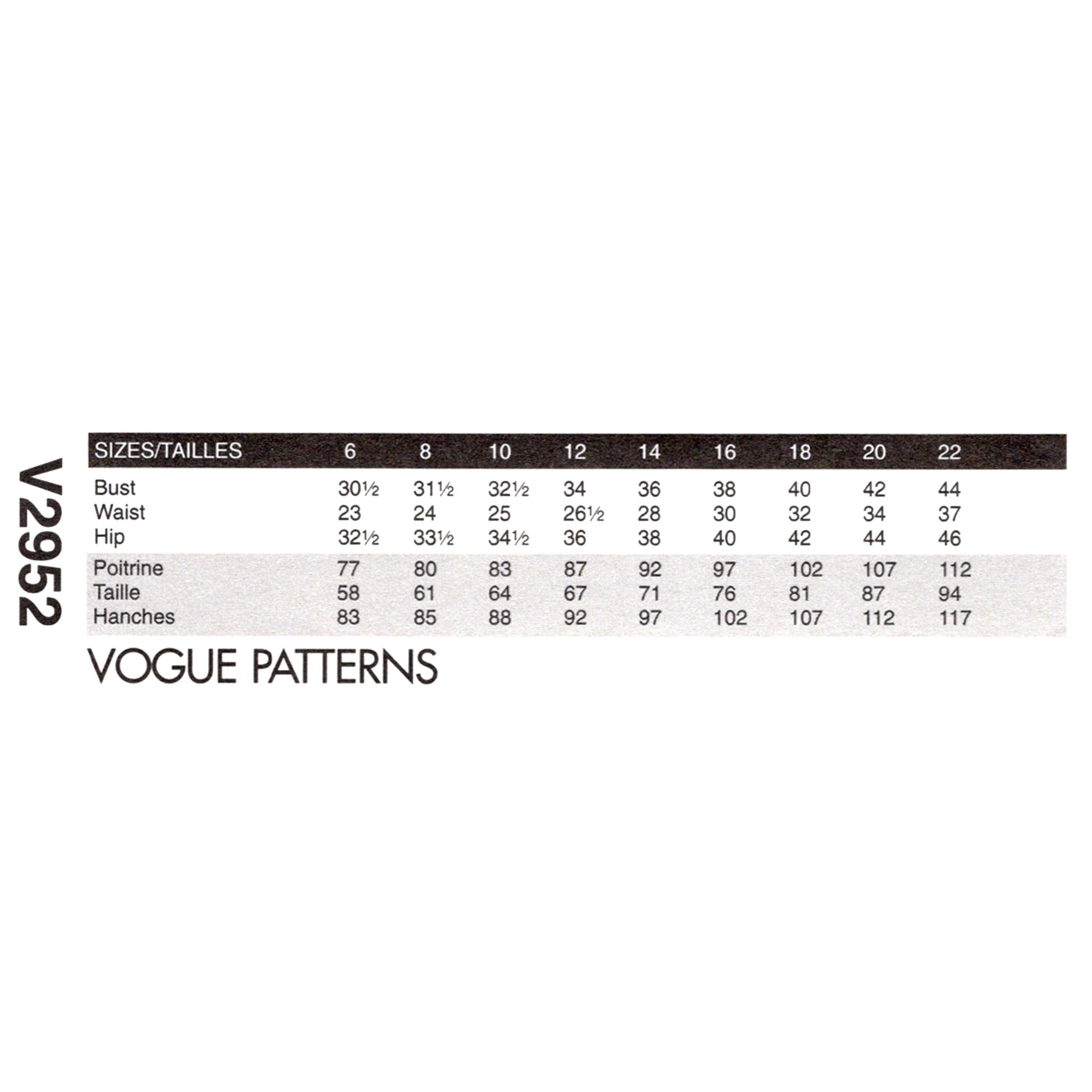 Vogue Patterns size chart for garment measurements on a white background