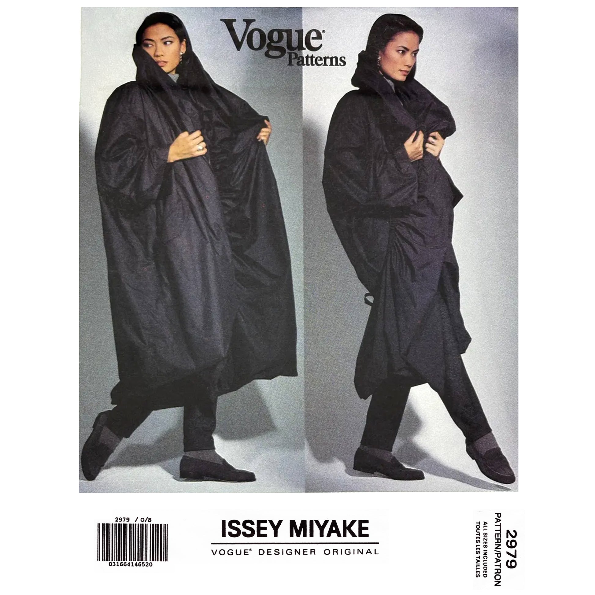 Vogue pattern 2979 envelope cover showing two views of a model wearing a reversible coat by Issey Miyake against a gray background.