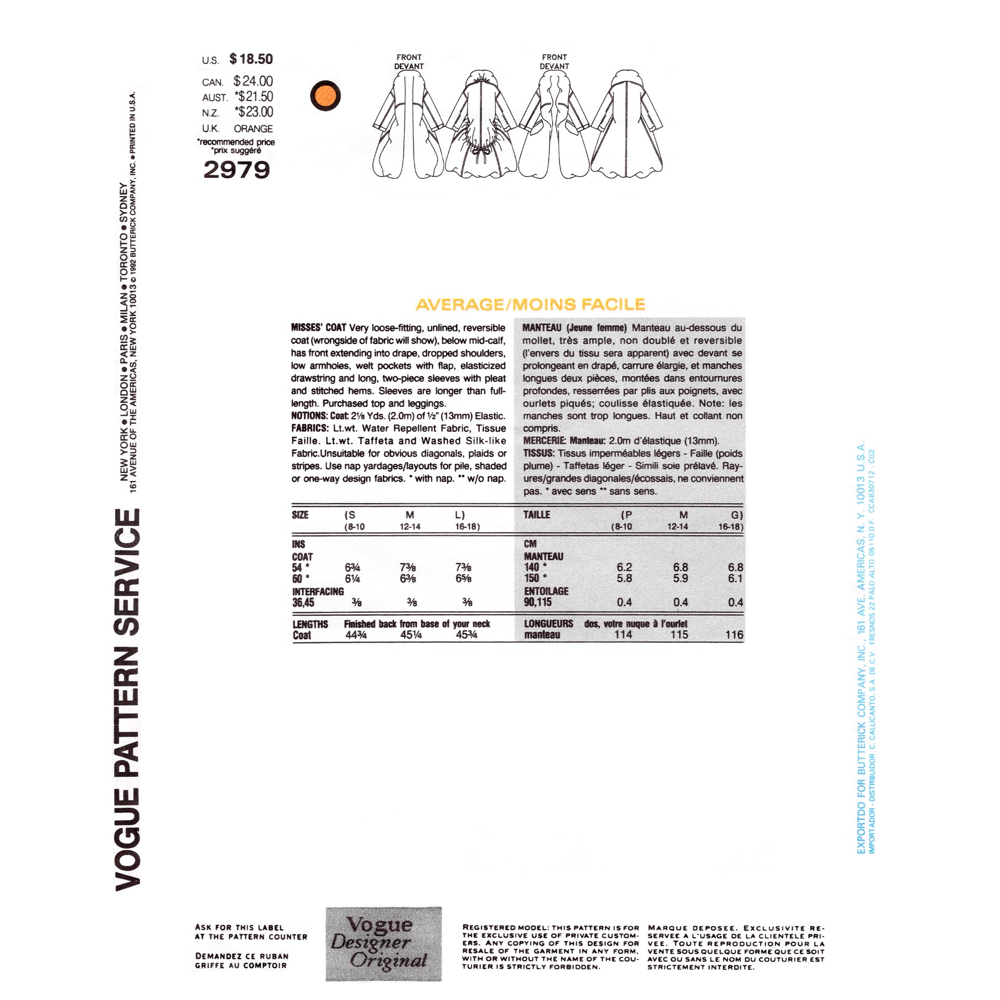 Vogue patterns coat design sheet with measurements and fabric requirements.