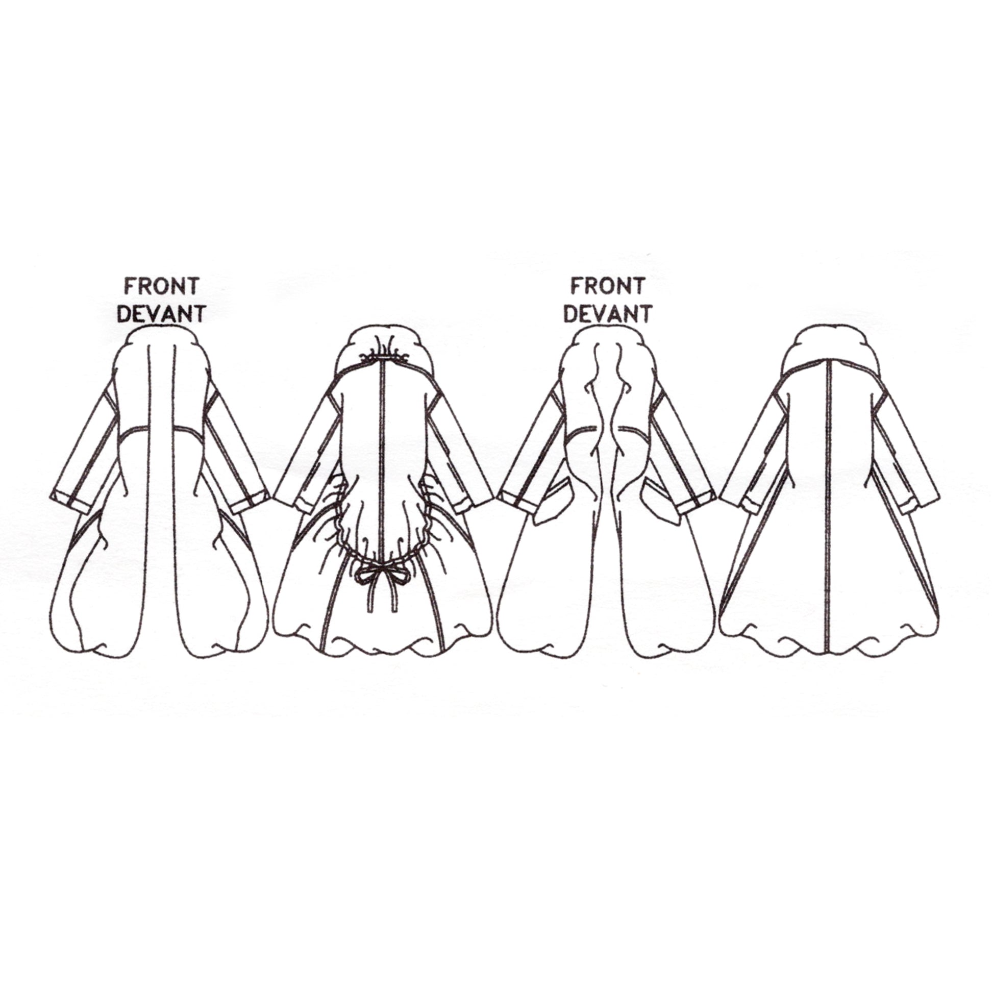 Technical line drawing of two versions of a reversible coat with front and back views on a white background.