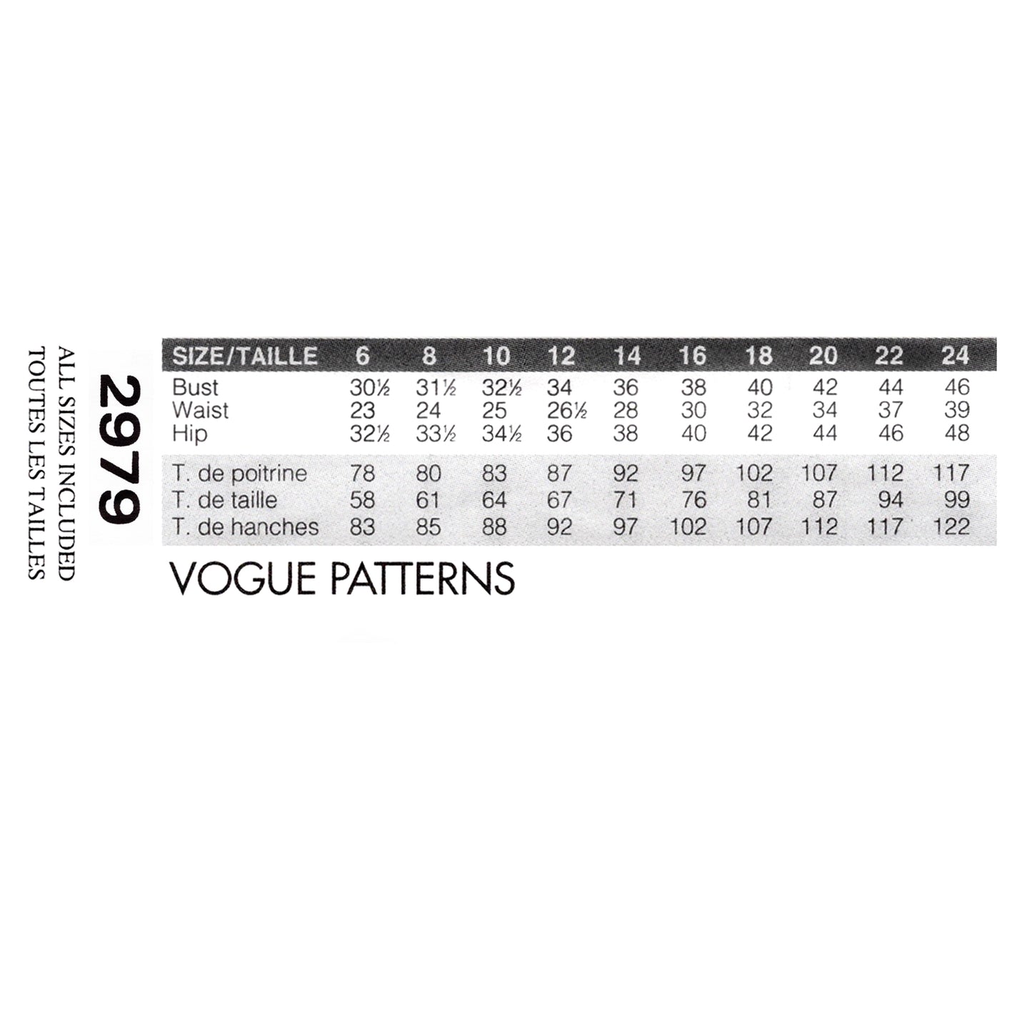 Vogue Patterns size chart for garment measurements on a white background