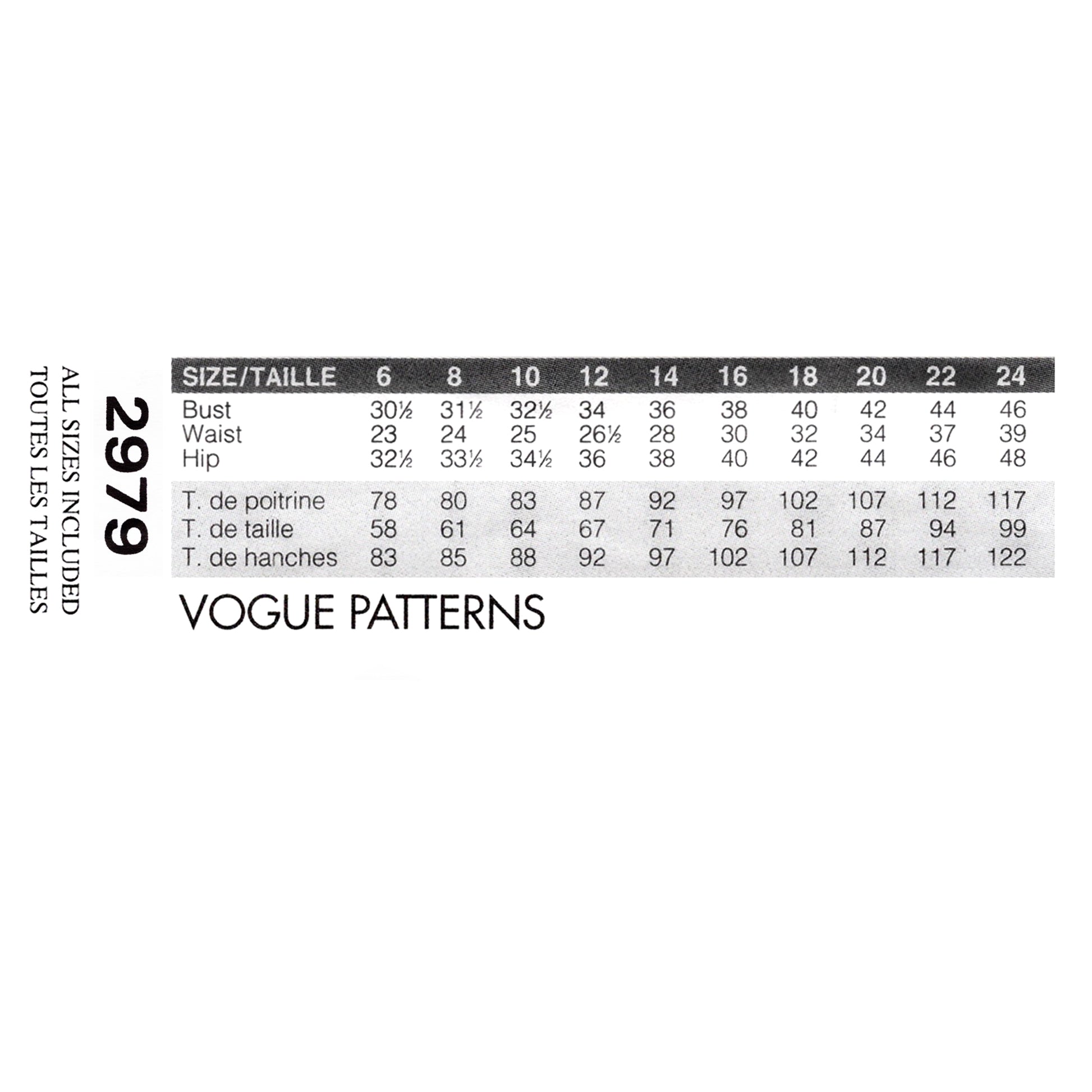 Vogue Patterns size chart for garment measurements on a white background