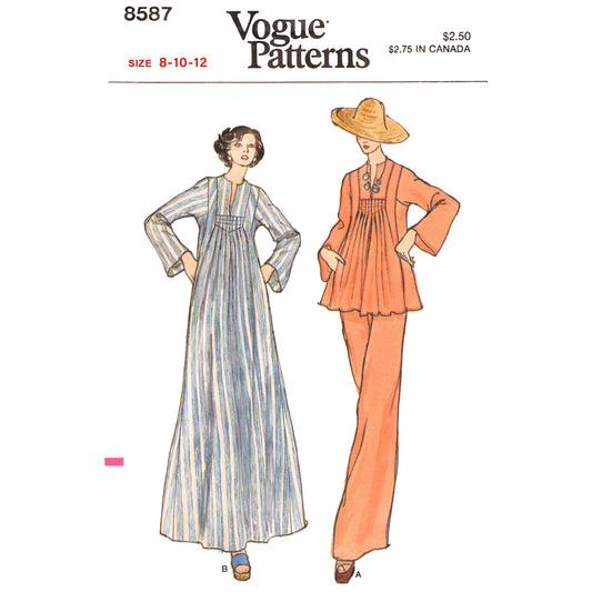Vintage Vogue Patterns sewing pattern cover, number 8587, showing two illustrated women modelling long dresses. The left figure wears a long-sleeve blue-and-white striped maxi dress, and the right figure wears an orange tunic and matching wide-leg pants with a wide-brim straw hat.