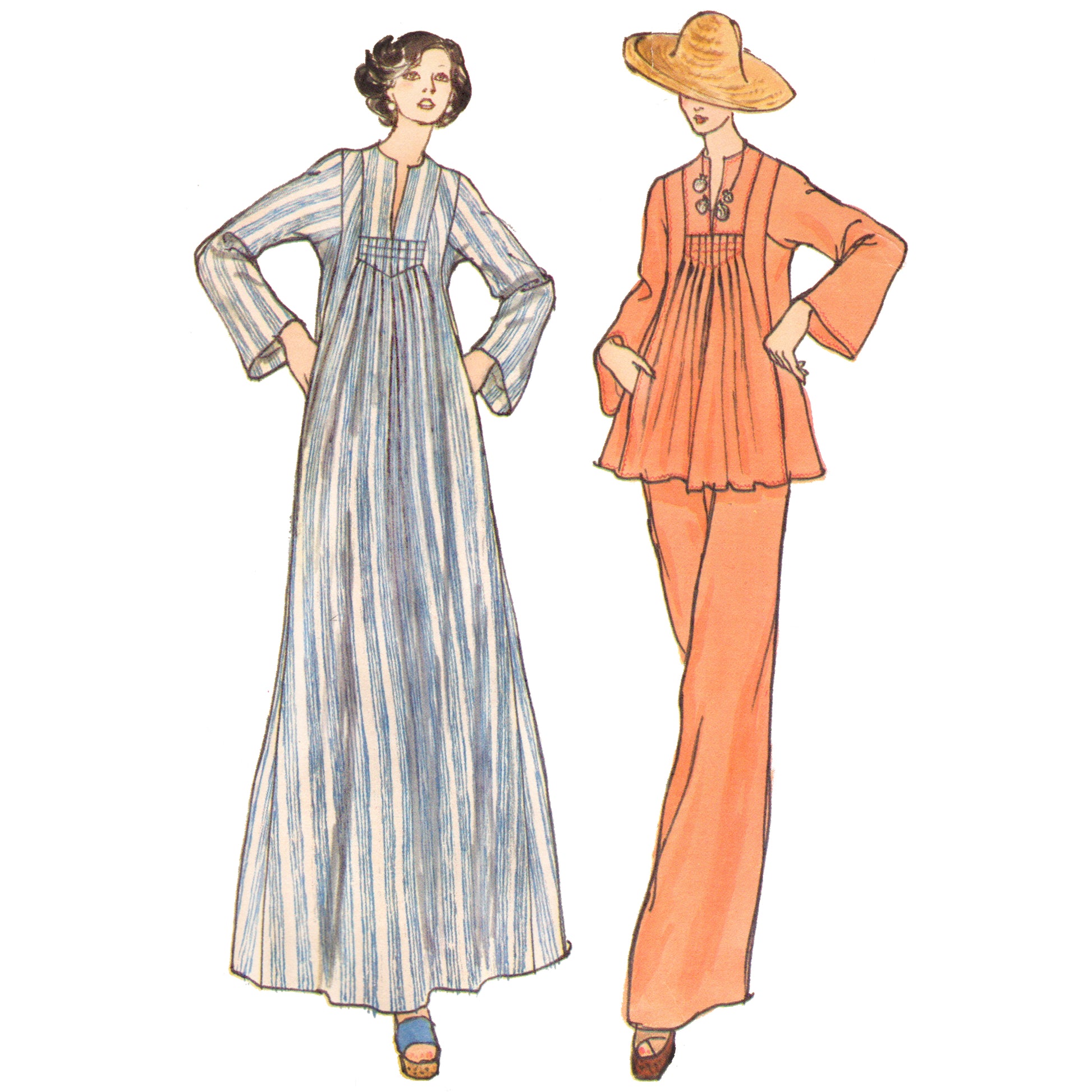 Vintage sewing pattern illustration showing two women modeling different outfits: a long blue-and-white striped dress on the left and a peach-orange two-piece set with a wide-brim hat on the right, on a plain white background.