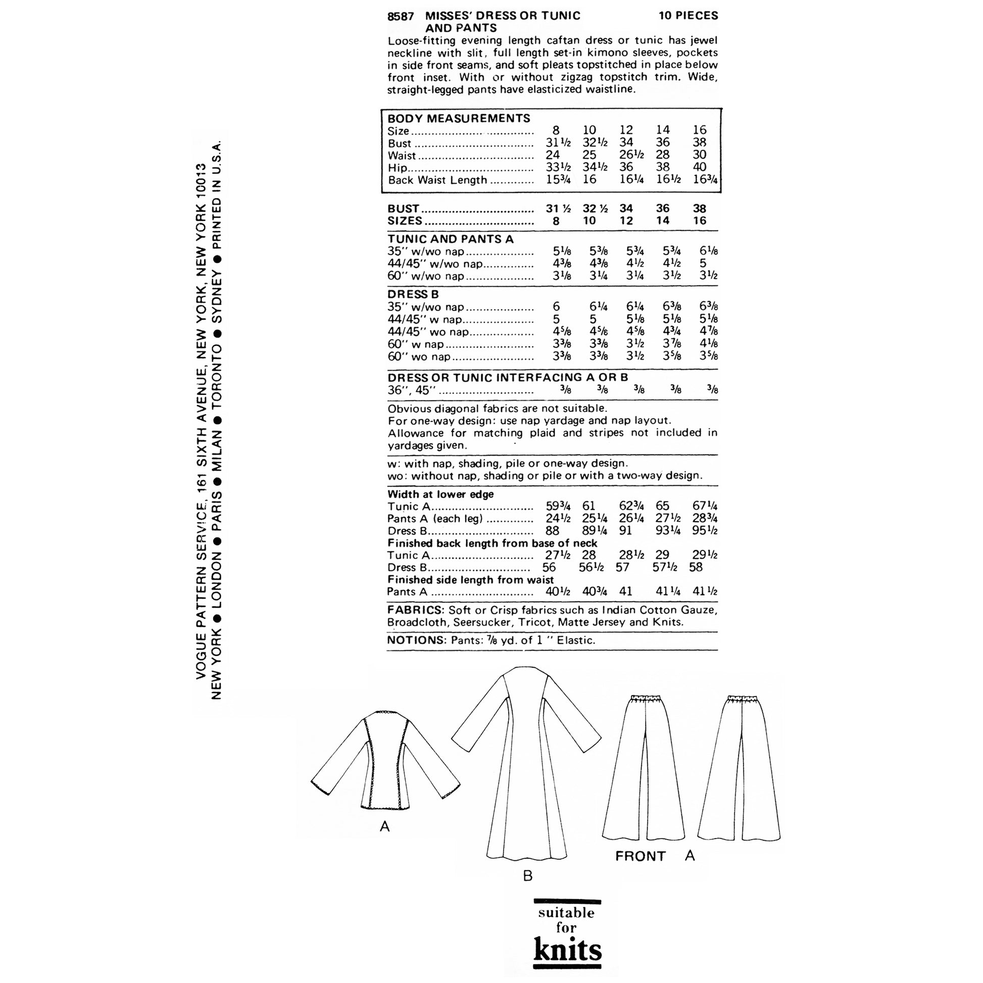 Vogue patterns dress design sheet with measurements and fabric requirements.