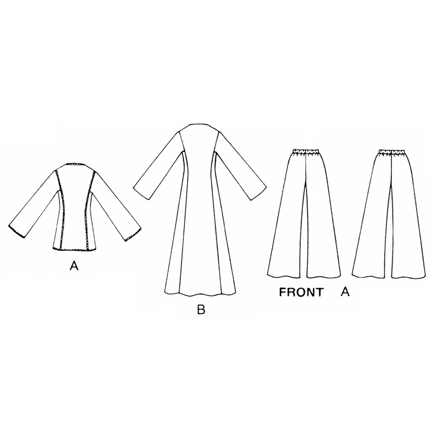 Black and white sewing pattern line art showing garment back views labeled A and B, including a long-sleeve top, a long dress or caftan, and wide-leg pants.