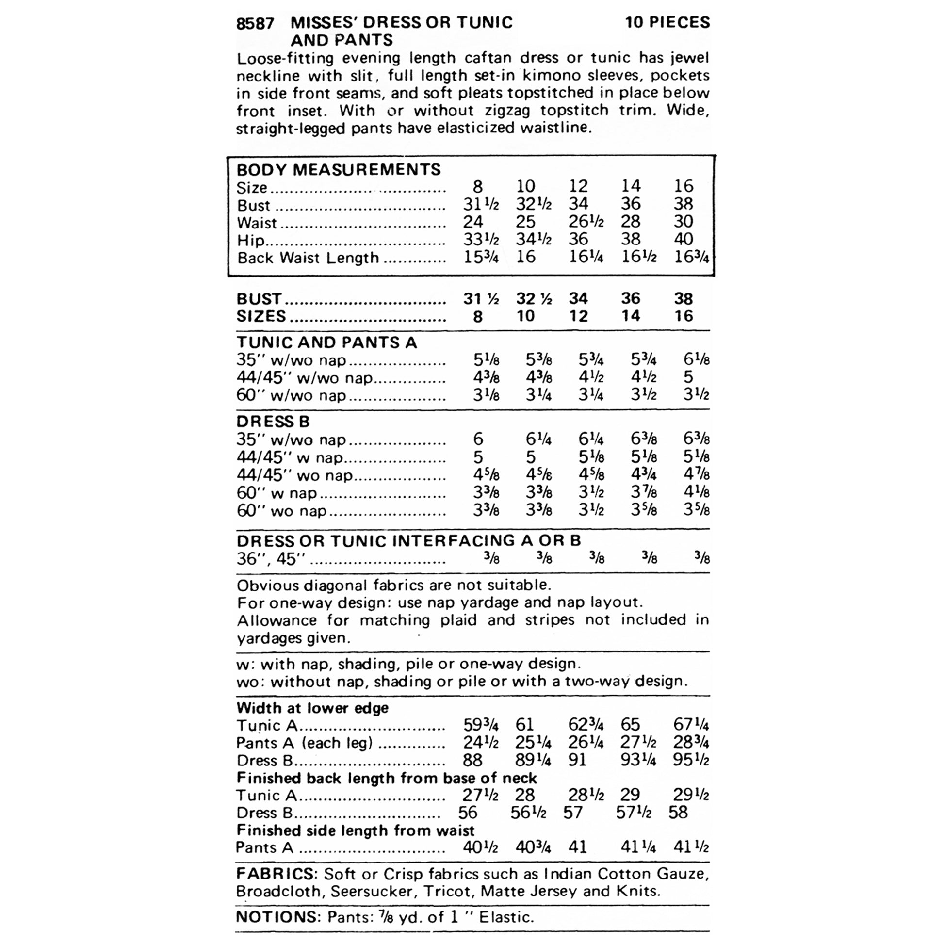 A sizing and fabric information sheet for Missie's Dress or Tunic, showing a measurement table for body measurements, sizes, interfacing options, and fabric recommendations on a white background.