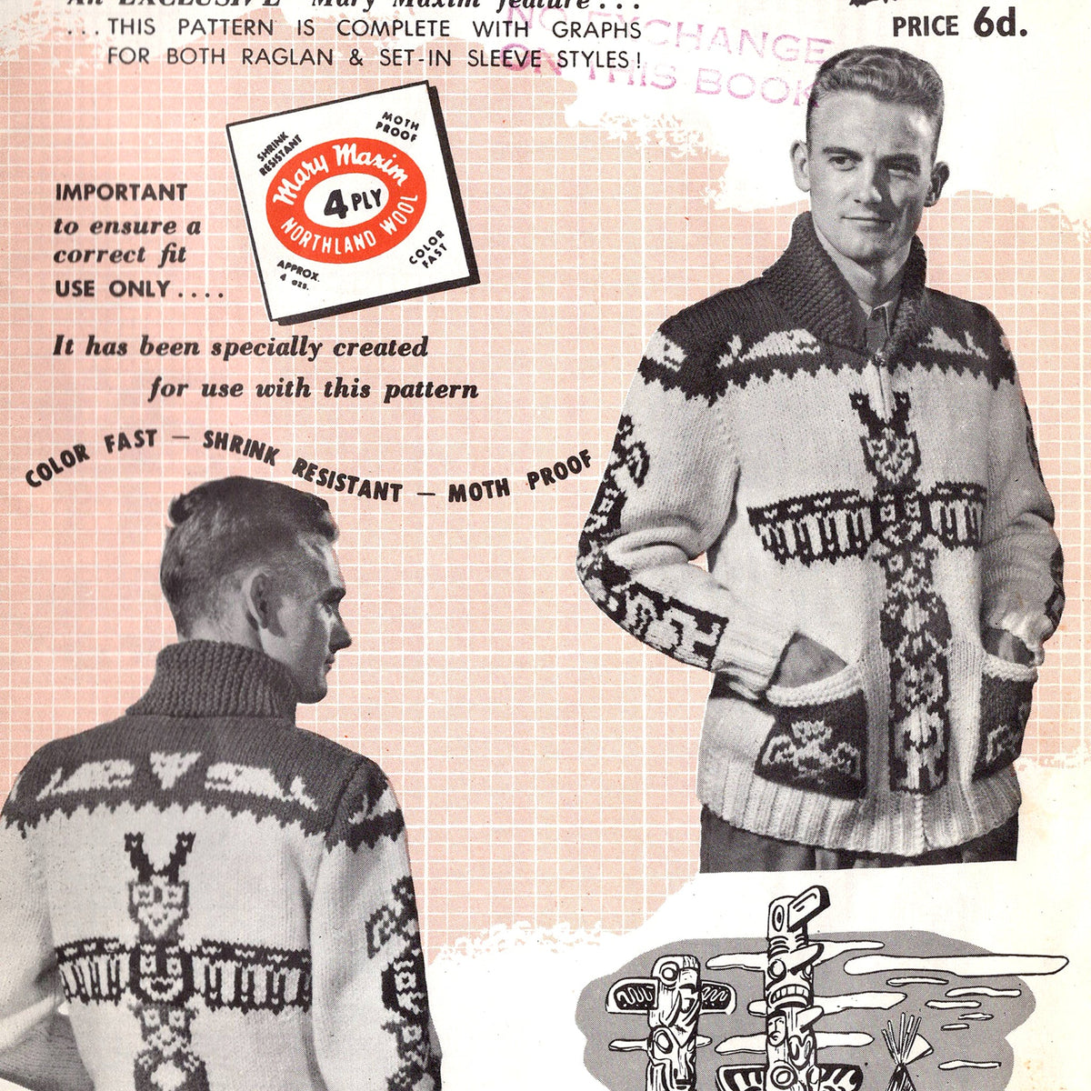 Vintage 1950s Cowichan Sweater Pattern with Totem Pole Motif 