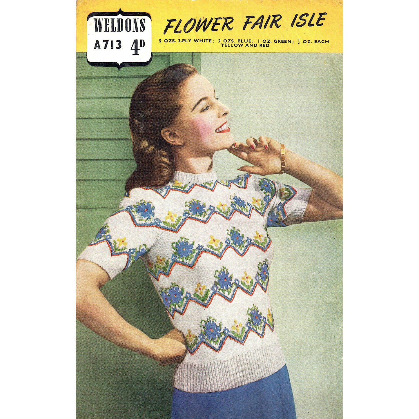 vintage knitting pattern download 1940s floral fair isle sweater